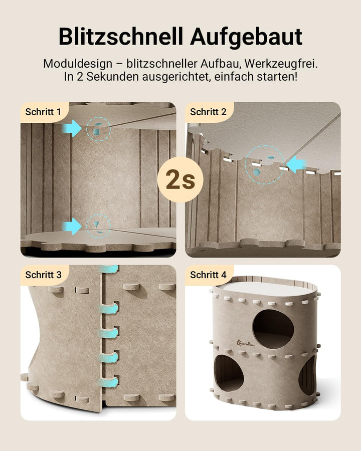 Peșteră pentru pisici Downypaws din fetru, pat pentru pisici cu 2 niveluri, căsuță tip castel pentru joacă, design cald, protecție pentru unghiile pisicii, bej