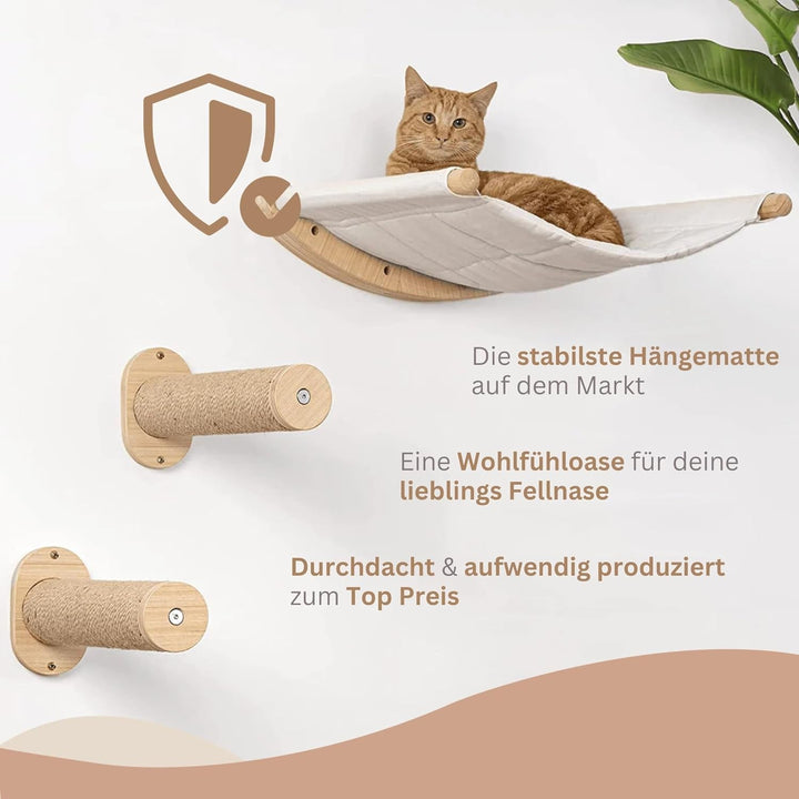 AZANO® Perete de cățărat pentru pisici | Hamac pentru pisici XL [Extra stabil și mare] cu scări pentru pisici pe perete | Scară pentru pisici cu zonă de dormit | Pat pentru pisici pentru cățărat, fabricat din lemn natural | 3 piese