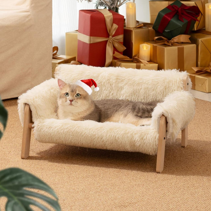 MEWOOFUN Canapea pat pentru pisici, din lemn, 56 x 45 cm, canapea robustă pentru pisici de dimensiuni mari - Scaun modern pentru pisici cu husă detașabilă, capacitate de încărcare 10 kg (alb, 56 x 45 cm)