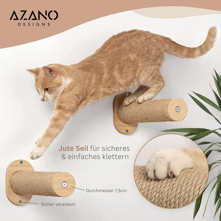 AZANO® Perete de cățărat pentru pisici | Hamac pentru pisici XL [Extra stabil și mare] cu scări pentru pisici pe perete | Scară pentru pisici cu zonă de dormit | Pat pentru pisici pentru cățărat, fabricat din lemn natural | 3 piese