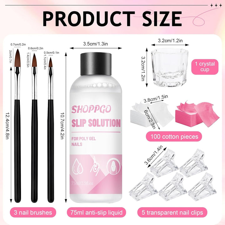 Soluție de unghii Polygel, Kit pentru unghii Poly Gel Slip Solution, Soluții lichide pentru unghii Polygel 75 ml, 5 cleme pentru vârfuri de unghii, 3 perii de unghii, 1 cupă de cristal, 100 foi de curățare