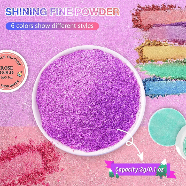 Sclipici comestibil 6 x 3g, Sclipici comestibil pentru băuturi, Sclipici alimentar, Set de 6 culori, Pudră sclipici, Sclipici pentru copt pentru ciocolată, căpșuni, prăjituri, fondant, băuturi, Inodor, Vegan