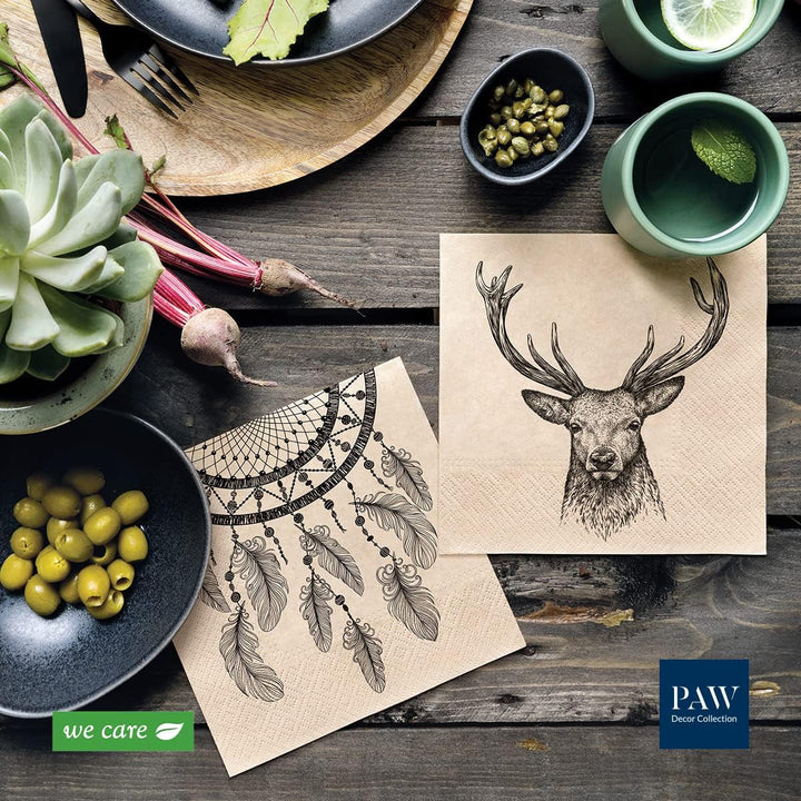 Pfotenkollektion X Pfoten Dekor Kollektion CM Papiertücher mit 3 Schichten. 20 Stücke. Gedruckt mit farben auf Wasserbasis. Tischdekorationen. Nature, Hirsc, PAW_022022, Hirsch, 33 x 33 cm (Paket mit 3)