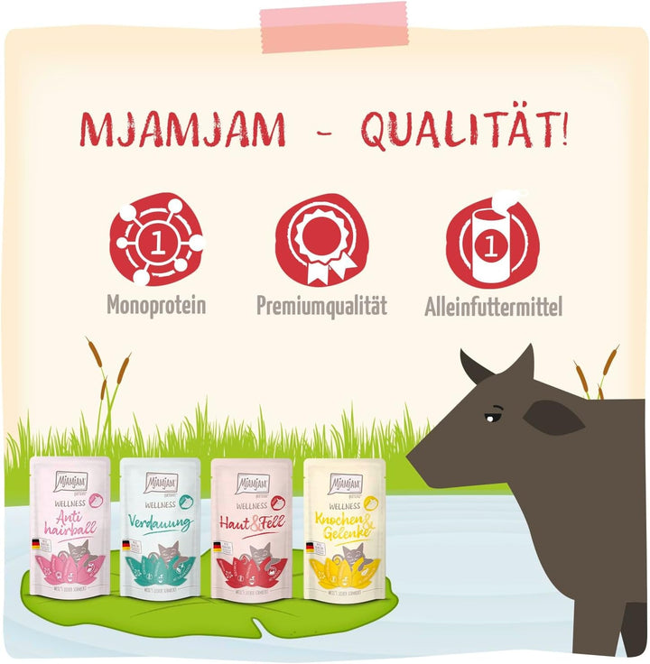 Mjamjam - Hrană umedă premium pentru pisici - Wellness Wellbeing Pack Beef, 12Pack (12 X 125G), fără cereale cu extra carne