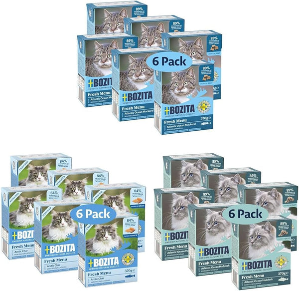 Bozita Atlantic Ocean Cat Food Mix - Triplu din mare cu macrou, cărbune și eglefin pentru o dietă sănătoasă pentru pisici - 3 X 6 mușcături în jeleu și sos pentru pisici mofturoase