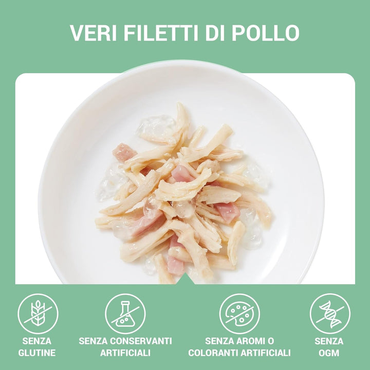 , File de pui cu șuncă în jeleu, Hrană umedă complementară pentru pisici, Rețetă originală, 100% naturală, 12 pungi a câte 70 g