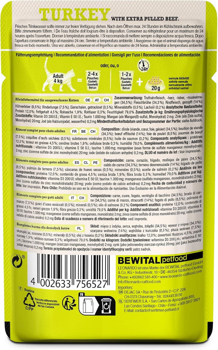LEONARDO Fresh Pouch [16X70G Curcan cu fâșii de carne] Pulled Beef | Hrană umedă fără cereale pentru pisici | Hrană completă pentru pisici