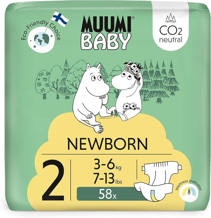 Muumi Baby Newborn Eco Nappies mărimea 1, 2-5 kg, 25 bucăți, scutece premium moi cu indicator de umezeală Mama si Copilul Naty Shop 2 (pachet de 58)
