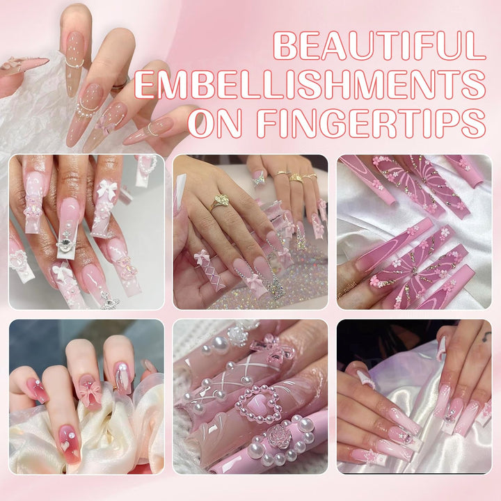 Decorațiuni 3D pentru unghii, 1 cutie de brelocuri pentru unghii, brelocuri pentru unghii cu fundă în formă de inimă și flori în stil mixt, decorațiuni pentru unghii din rășină, pentru decorațiuni Nail Art, accesorii DIY pentru artizanat