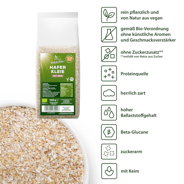 Biozentrale Bio Haferkleie 1Kg | Vorteilspack | Ballaststoffreiche Proteinquelle | Von Natur Aus Vegan | Aus EU Landwirtschaft | Zuckerarm Cereale Naty Shop