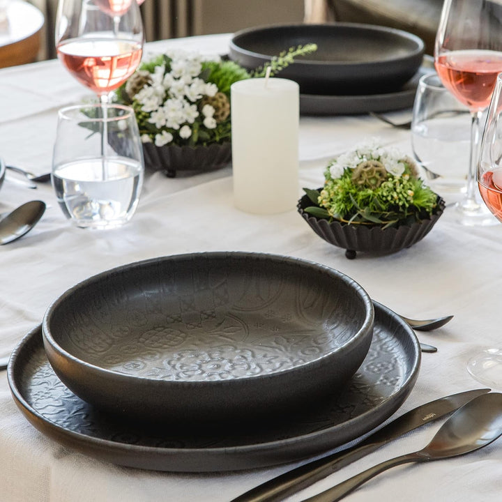 MÄSER 934064 Serie Tiles Modernes Vintage Geschirr Set Für 2 Personen in Maurischem Design Mit Mattglasur, 8-Teiliges Tafelservice Mit Tellern Und Schalen Aus Hochwertiger Keramik, Steinzeug, Schwarz Seturi vesela masa Naty Shop