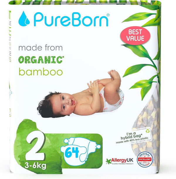 Scutece din bambus organic Pureborn Eco, marimea 2 (3-6 kg), 64 bucati, ecologice, hipoalergenice, ultra-moale, cu indicator de umiditate, diverse imprimeuri Mama si Copilul Naty Shop