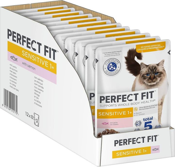 Perfect Fit Sensitive 1+ hrană umedă pentru pisici cu pui în sos, 12 pungi porție, 12X85G - Hrană umedă premium pentru pisici, Pentru pisici sensibile de la 1 an, Fără grâu și soia, Pentru susținerea digestiei