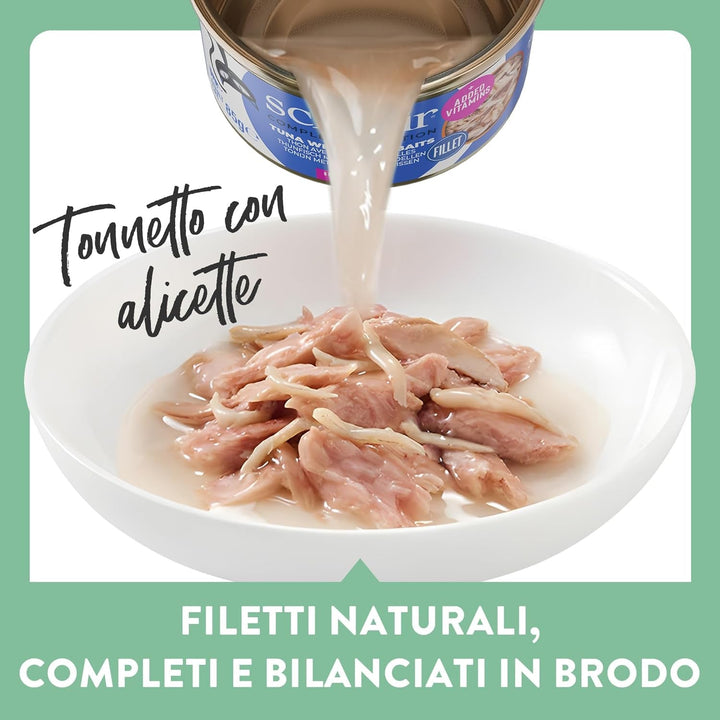 , Ton cu Alicette în bulion, hrană umedă completă pentru pisici, în conservă, cu vitamine adăugate, 100% naturală, 6 X 85 G