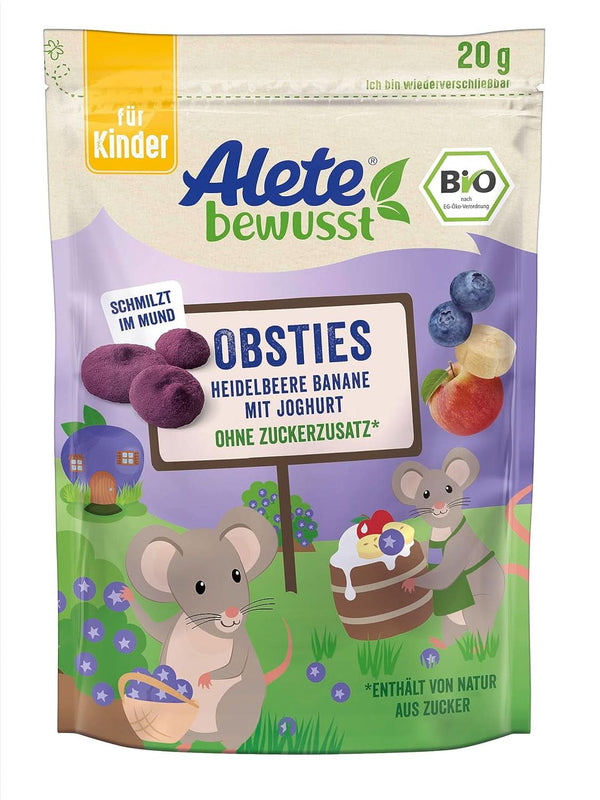 Alete Bewusst Obsties, Afine si Banana cu Iaurt, De la 3 ani, chipsuri de fructe organice liofilizate, 20 grame Mama si Copilul Naty Shop