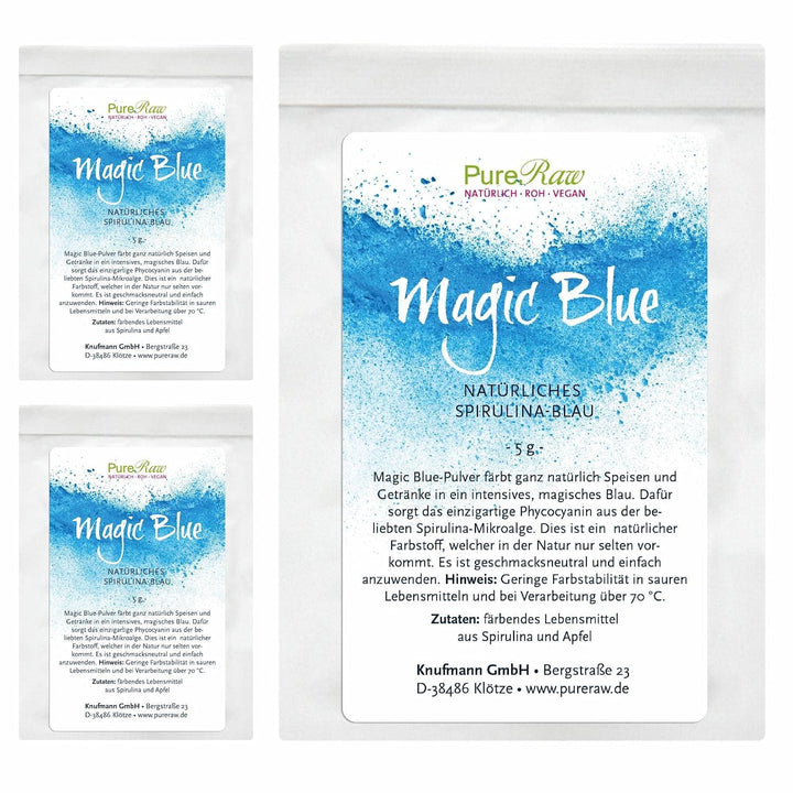 Colorant alimentar natural albastru pudră Magic Blue Spirulina (vegan crud) Albastru închis până la albastru deschis pastel - Colorant alimentar pudră cu alge ficocianină - Colorant alimentar natural | Pureraw 5G