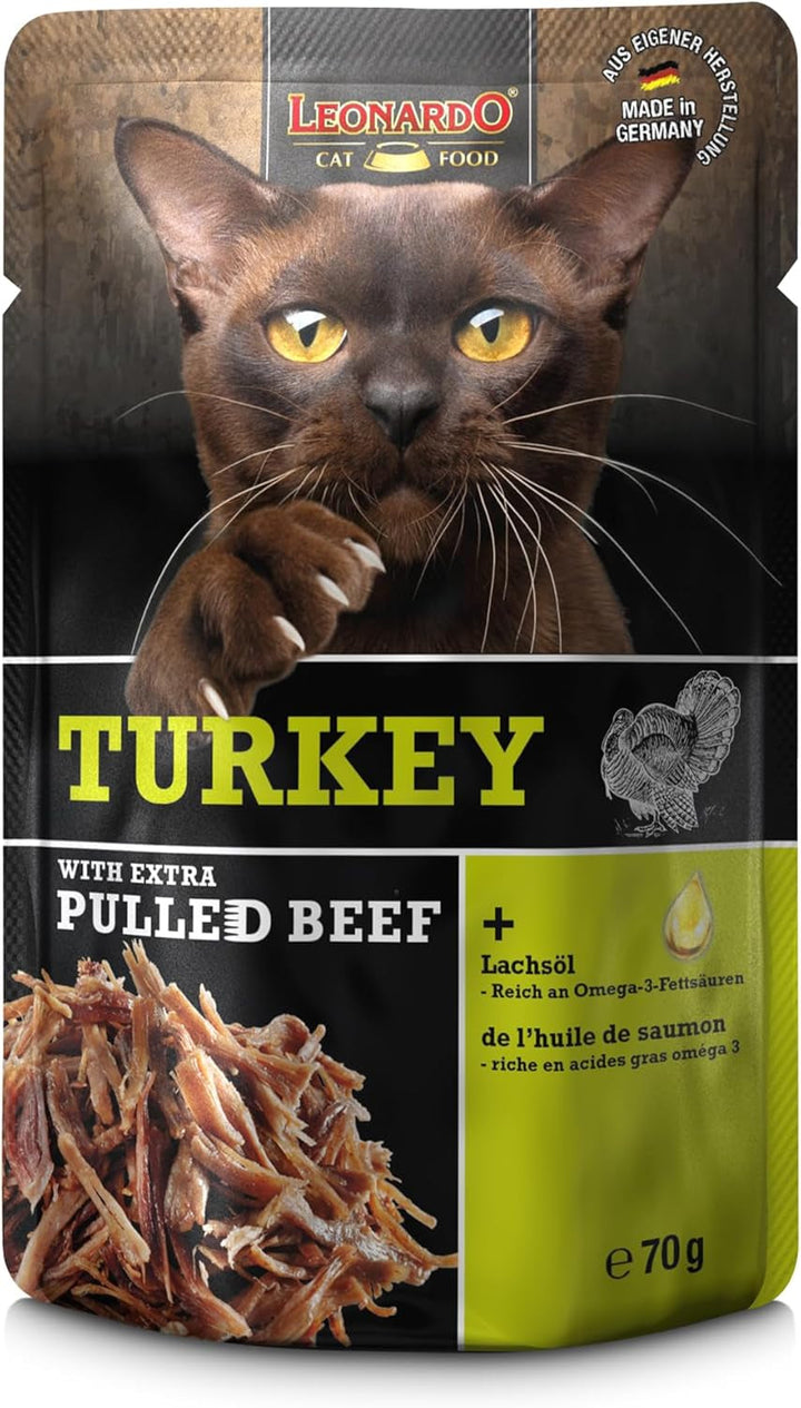 LEONARDO Fresh Pouch [16X70G Curcan cu fâșii de carne] Pulled Beef | Hrană umedă fără cereale pentru pisici | Hrană completă pentru pisici