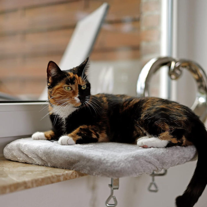 Șezlong de fereastră Lionto pentru pisici, căptușit cu pluș, 35 x 50 cm, pat pentru pisici pentru pervaz, nu necesită găurire, husă detașabilă și lavabilă, capacitate de încărcare de până la 15 kg, gri deschis