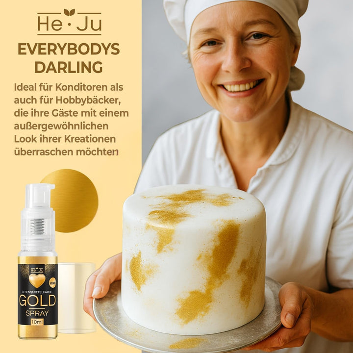 Spray colorant alimentar He-Ju, auriu, 10 g, pudră de aur comestibilă, vegană și fără E171, sclipici comestibil pentru băuturi
