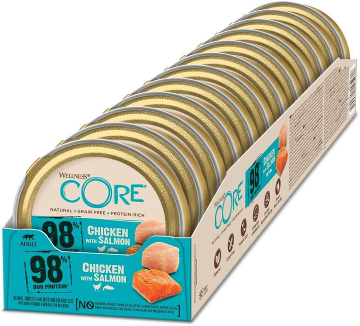 Wellness CORE 98% pui și somon, 12 X 85 G, hrană umedă premium pentru pisici adulte, pateu de hrană pentru pisici, fără zahăr adăugat, fără cereale, cu conținut ridicat de carne
