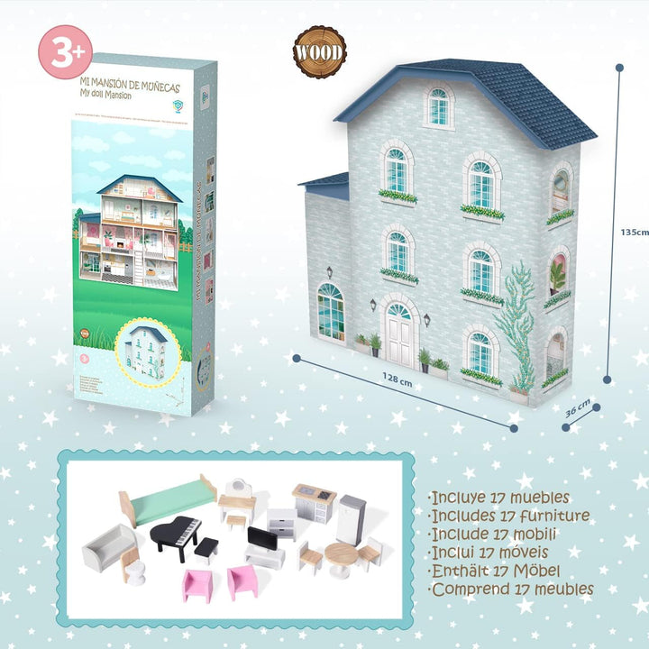 Casă de păpuși din lemn Deqube, 4 etaje, casă de păpuși cu decor diferit și îngrijit în fiecare cameră, cu 17 accesorii - Dimensiune 135 X 36 X 128 Cm (913D00016) Casute de papusi Naty Shop