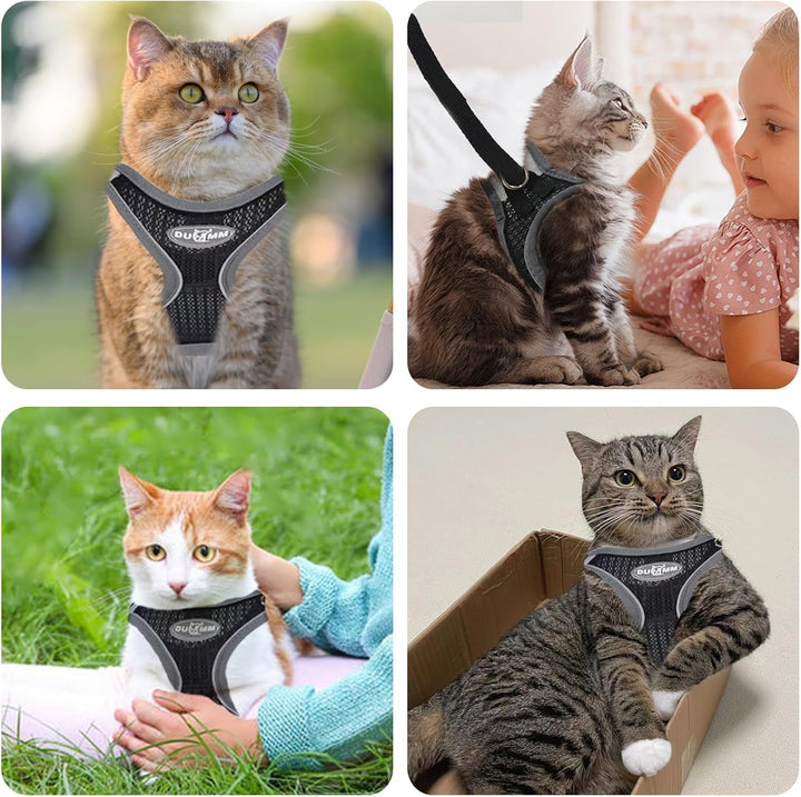 Ham pentru pisici cu lesă rezistentă la evadare, ham reglabil pentru pisici, ham pentru pisici cu căptușeală moale și plasă respirabilă cu reflectorizant pentru antrenament în aer liber (negru XXS)