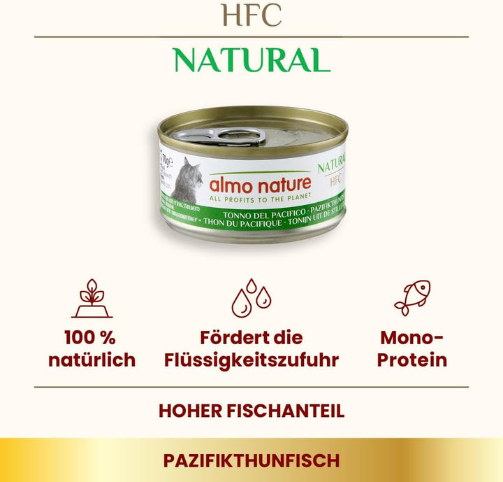 Almo Nature HFC Natural - Hrană umedă pentru pisici adulte - ton Pacific - grad uman, fără gluten și monoproteină - 6 X 70G