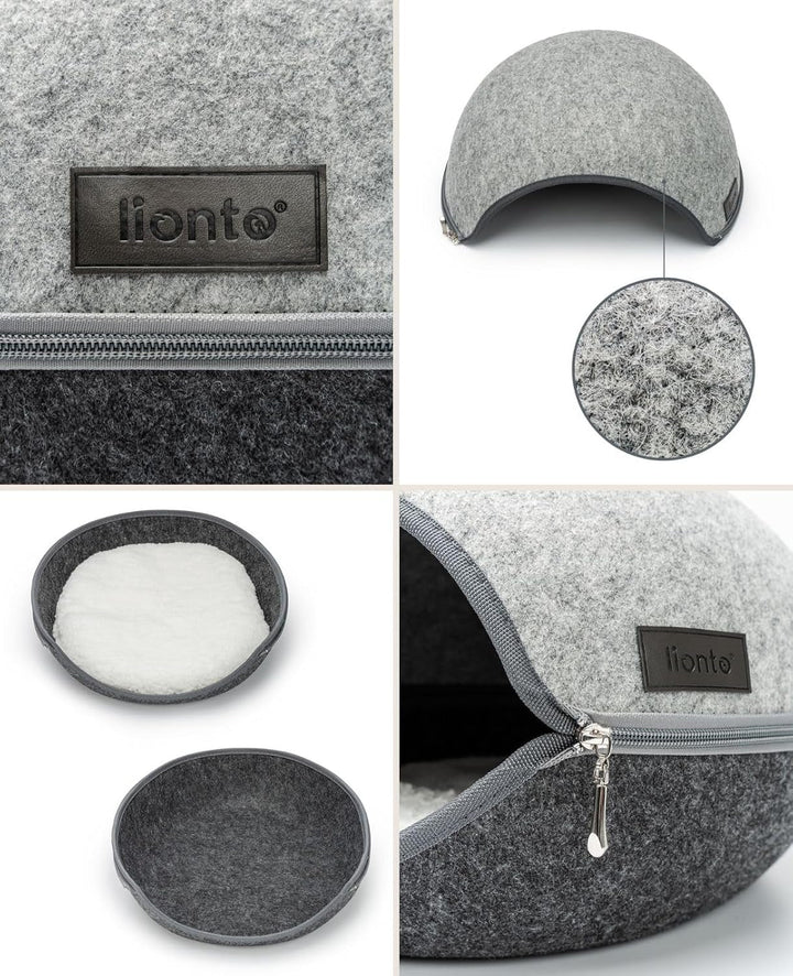 Peșteră pentru pisici Lionto din fetru robust, peșteră confortabilă pentru pisici cu fermoar, 46 x 38 x 24 cm, pat confortabil și modern pentru pisici cu pernă moale și lavabilă, gri
