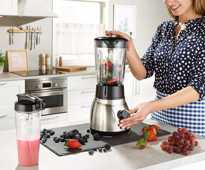 Russell Hobbs Standmixer 2-In-1 [1,5L Glasbehälter Mixer & 0,6L Mini Smoothie Maker -To-Go-Trinkflasche Inkl. Deckel] Spülmaschinenfest, Impuls-/Ice-Crush Funktion, Becher BPA Frei, Edelstahl 23821-56 Bucatarie Naty Shop