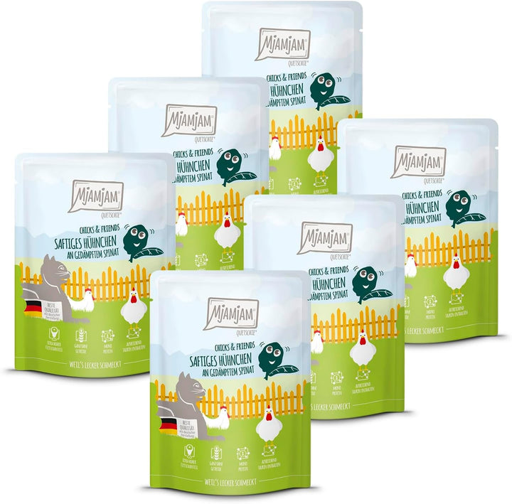 Mjamjam - Hrană umedă premium pentru pisici - Chicks & Friends Box, 9 pachete (9 X 300G), fără cereale și cu carne suplimentară