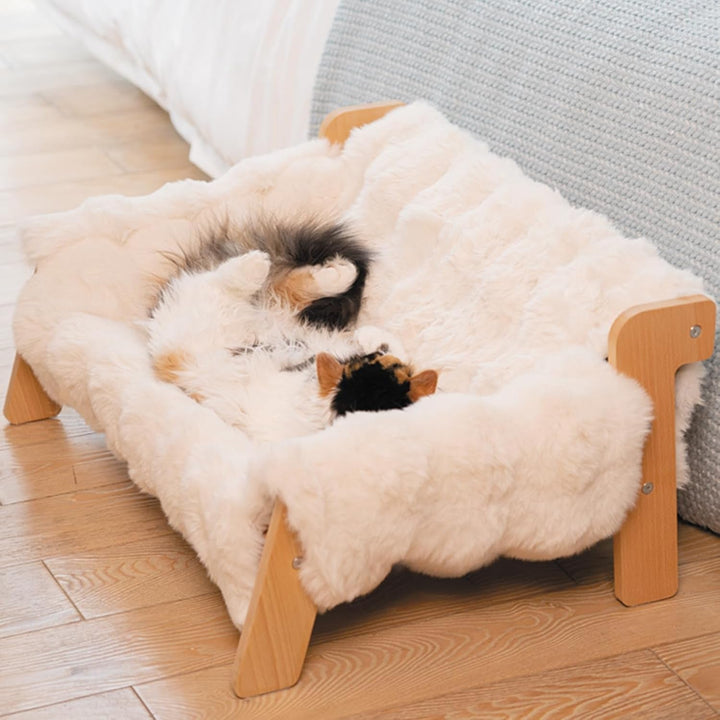 Pat ridicat pentru pisici, din lemn de fag, canapea mare pentru pisici de 70 x 47 cm, scaun pentru pisici cu pătură de pluș detașabilă și lavabilă (umplutură din bumbac), capacitate de încărcare 15 kg, pentru dormitul tuturor pisicilor