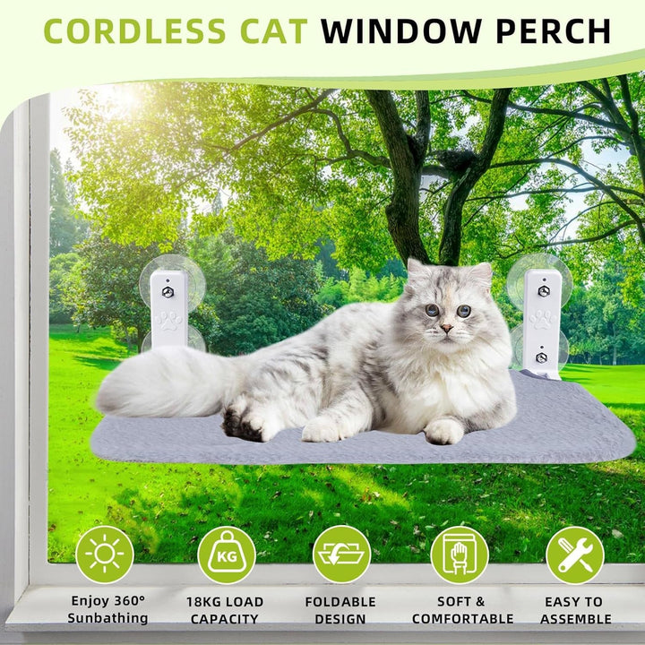 Hamac mare pentru fereastră pentru pisici, pat pentru pisici 52 x 30 cm cu pernă detașabilă din pluș, hamac pliabil pentru fereastră pentru pisici stabil pentru pisici, hamac pentru pisici cu 4 ventuze puternice, susține 25 kg (gri)