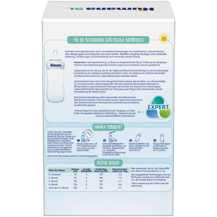 Humana SL Expert, de la nastere, hrana speciala pentru intoleranta la laptele de vaca datorita intoleranta la lactoza, galactozemie sau alergie la proteinele din laptele de vaca, pentru sugari si copii mici, 600 G Mama si Copilul Naty Shop