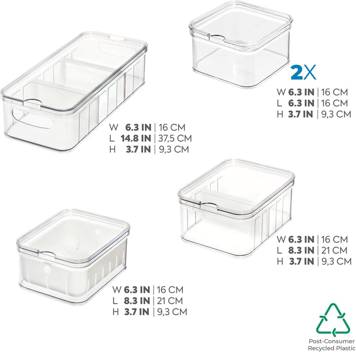 Cutii de depozitare iDesign, organizator frigider cu capac într-un set de 5, cutii de depozitare a alimentelor din plastic reciclat pentru organizarea consumabilelor, transparente și albe Cutii depozitare alimente Naty Shop