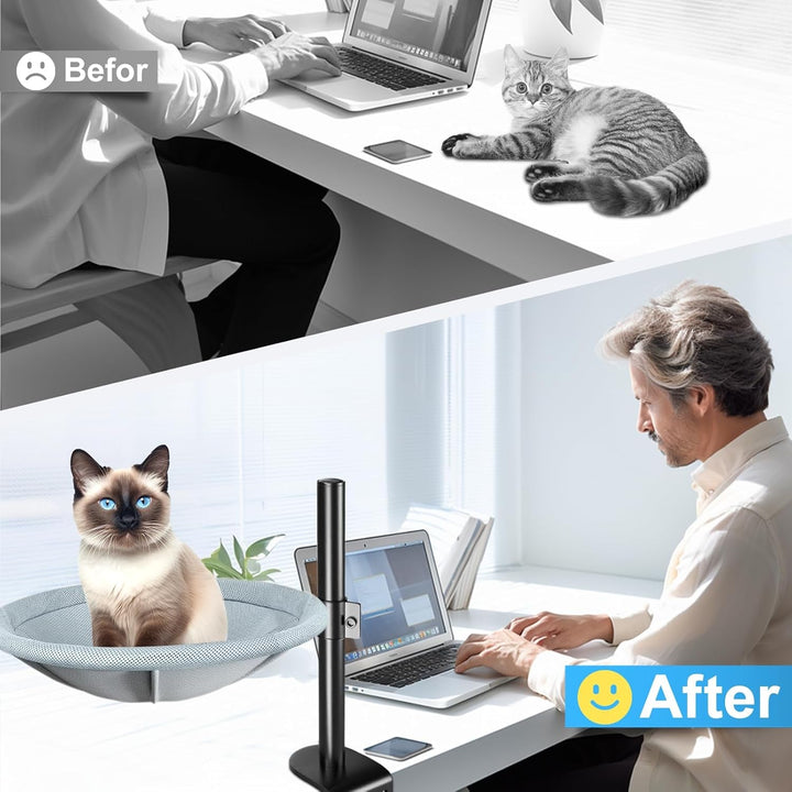 Pat pentru pisici pentru birou, pat pentru pisici rotativ la 360°, înălțime reglabilă, fără găurire, pat pentru pisici cu două perne pentru animale de companie, pentru pisici/câini mici, până la 60 lb