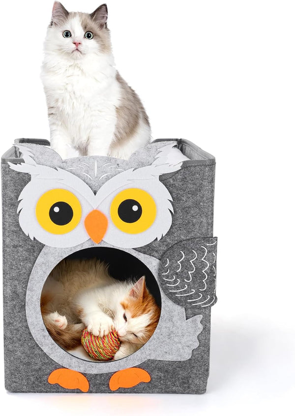 Dripex Peșteră pentru Pisici, Căsuță din Fetru cu 2 Niveluri, Inclusiv Pernă, Peșteră Pufoasă pentru Pisici, unde pot Dormi, Se Ascunde și Se Joacă, 30 x 35 x 35 cm (Bufniță)