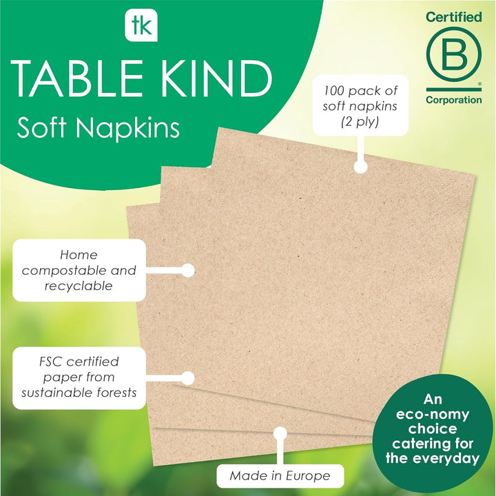 Table Kind | 100 pachet vrac Șervețele moi din hârtie reciclată, șervețele de petrecere de unică folosință maro, potrivite pentru uz zilnic, ecologice, Kraft, nealbite, compostabile, fabricate în UE, 2Ply, 33cm