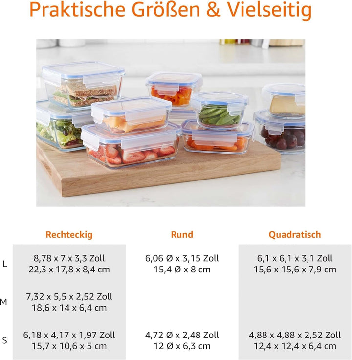 Amazon Basics recipiente de sticlă pentru alimente, cu capac, pachet de 20 (10 recipiente + 10 capace), fără BPA, albastru transparent Cutii depozitare alimente Naty Shop