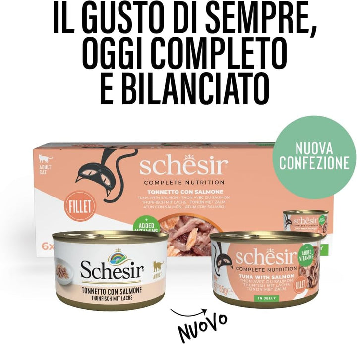 , Ton cu somon în jeleu, hrană umedă completă pentru pisici, la cutie, cu vitamine suplimentare, 100% naturală, 6 X 85 G