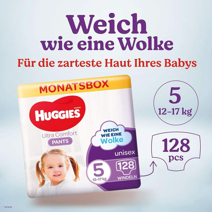 Huggies Ultra Comfort Pants, mărimea 5, 12 - 17 kg, Pentru copii activi, Cu indicator de umezeală și tehnologie cloud waistband, 128 scutece Mama si Copilul Naty Shop