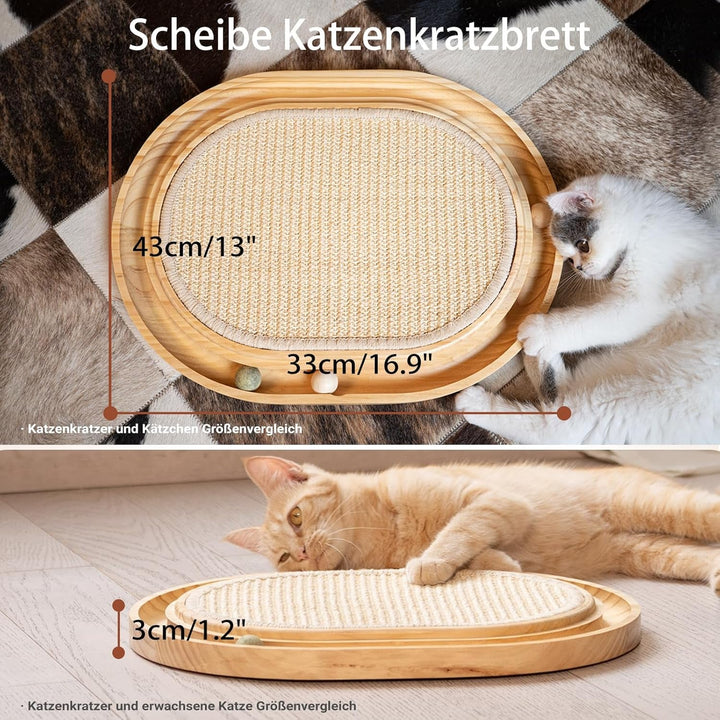 Placă de zgâriat din sisal - Jucărie 2 în 1 pentru pisici, lemn masiv de pin și pernă de sisal natural și bile de catnip - Covoraș de zgâriat 43 x 33 x 3 cm pentru toate pisicile, pentru a se juca și relaxa