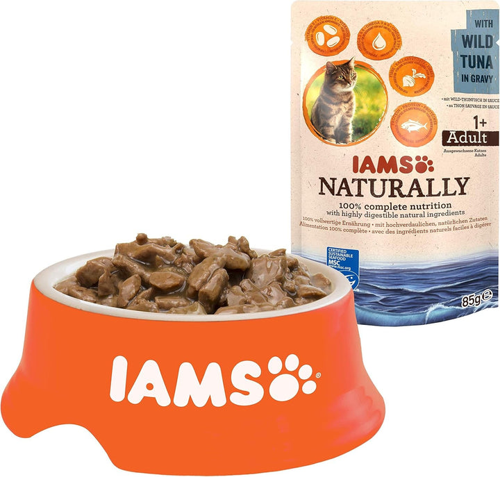 Iams Naturally Tuna Cat Food Wet, hrană umedă premium pentru pisici adulte în sos, 24 X 85G