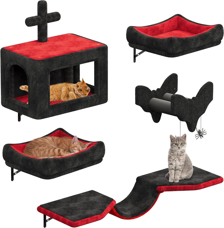 YITAHOME Set de perete de cățărat gotic pentru pisici, fabricat din flanel, mobilier robust pentru pisici din 5 piese cu căsuță pentru pisici, pat pentru pisici, hamac pentru pisici, coloană din sisal cu păianjen pentru dormit, joacă sau relaxează pisica