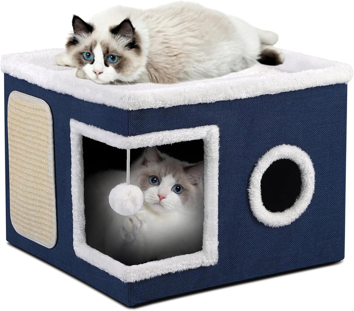 Căsuță pentru pisici Shikha cu 3 straturi, peșteră pliabilă pentru pisici mari, 40L*40l*63H cm, cub pentru pisici de interior, divizibilă în 2 peșteri mari pentru pisici cu ascunzătoare pentru pisici, pat pentru pisici cu zgârietură și minge de joacă