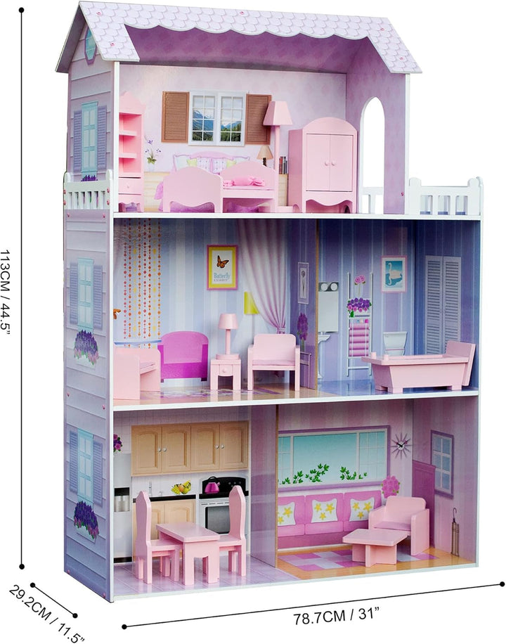 Olivia's Small World Giant Dollhouse, casă mare de păpuși din lemn cu mobilier și accesorii, casă de păpuși cu 3 etaje pentru copii, casă de păpuși pentru păpuși de 12", 3 ani + Casute de papusi Naty Shop