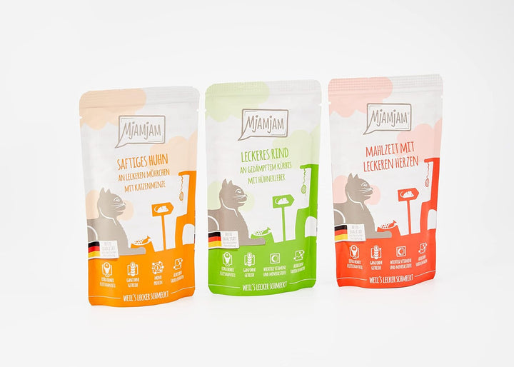 Mjamjam - Hrană umedă premium pentru pisici - Mixpack I - pui, vită, inimi, pachet de 12 (12 X 125 G), fără cereale cu extra carne