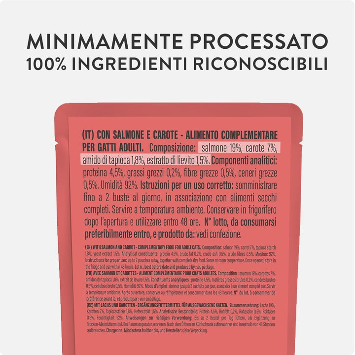 , Supă cu fileuri de somon și morcov, hrană umedă complementară pentru pisici, rețeta originală, 100% naturală, 12 pungi a 40 g