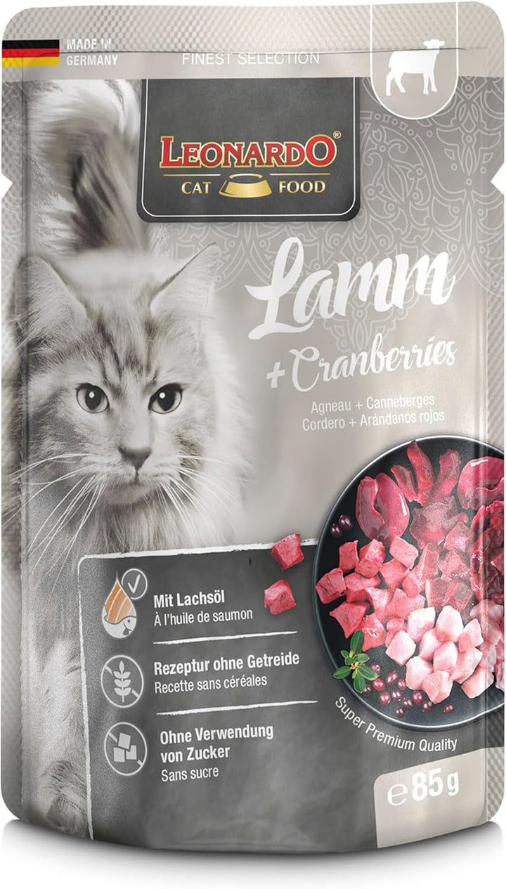 LEONARDO Fresh Pouch [16X85G Lamb + Cranberries] | Hrană umedă fără cereale pentru pisici | Hrană umedă completă în pungă cu porție unică
