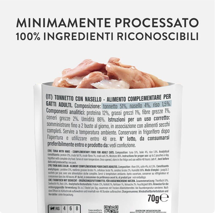 , File de ton cu merluciu în jeleu, Hrană umedă complementară pentru pisici, Rețetă originală, 100% naturală, 12 pungi a câte 70 g