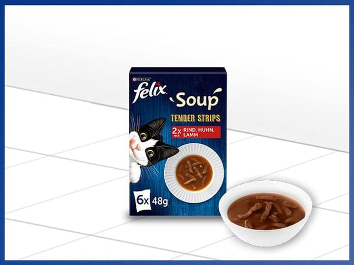 FELIX Soup Tender Strips, supă pentru pisici, varietate de arome de la țară, vită, pui, miel, 8-pachete (8X 6 pachete la 48 de grame)